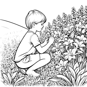 Fantasievolles Kind unter bunten Lilien Ausmalvorlage für kleine Naturforscher