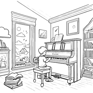 Kreativer Junge spielt fröhlich Klavier Ausmalbild für musikalische Entdecker