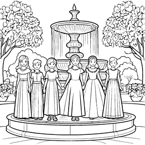 Elegante Hochzeitskleider am sprudelnden Brunnen Ausmalbild für träumerische Künstler