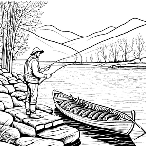 Fischer mit prächtigen Fängen am ruhigen Ufer Ausmalvorlage für abenteuerlustige Naturfreunde