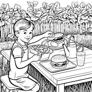 Leckere Hamburger unter dem blauen Himmel Ausmalbild für kleine Gourmet-Küchenchefs