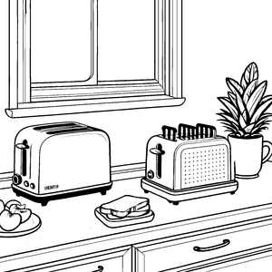 Kreative Toaster auf gemütlicher Küchentheke Ausmalvorlage für leckere Frühstückshelden
