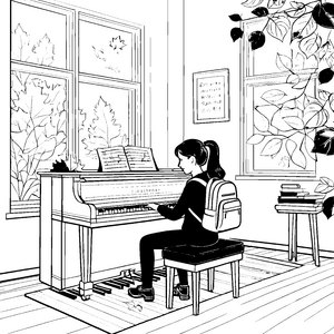 Faszinierende Pianistin begeistert mit Musik Ausmalvorlage für kreative Klänge