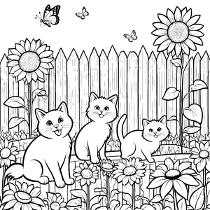 Katzentanz zwischen bunten Sonnenblumen Ausmalbild für fantasievolle Tierfreunde