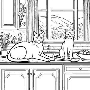 Zwei neugierige Schmusekatzen in der bunten Küche Ausmalvorlage für kreative Tierfreunde