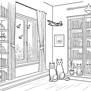 Gemütliche Hauskatzen in einladendem Wohnzimmer Ausmalbild für kleine Katzenfreunde