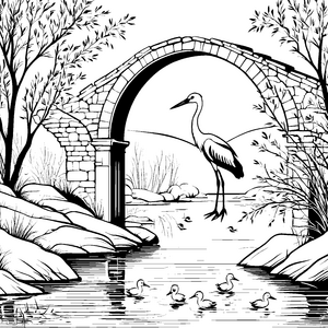 Storch unter malerischer Steingebrücke Ausmalmotiv für kleine Entdecker