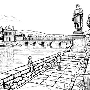 Historische Statue am malerischen Fluss Ausmalmotiv für kleine Geschichtsentdecker