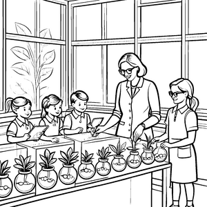 Inspirierende Lehrerinnen beim Pflanzenexperiment Ausmalvorlage für neugierige Entdecker