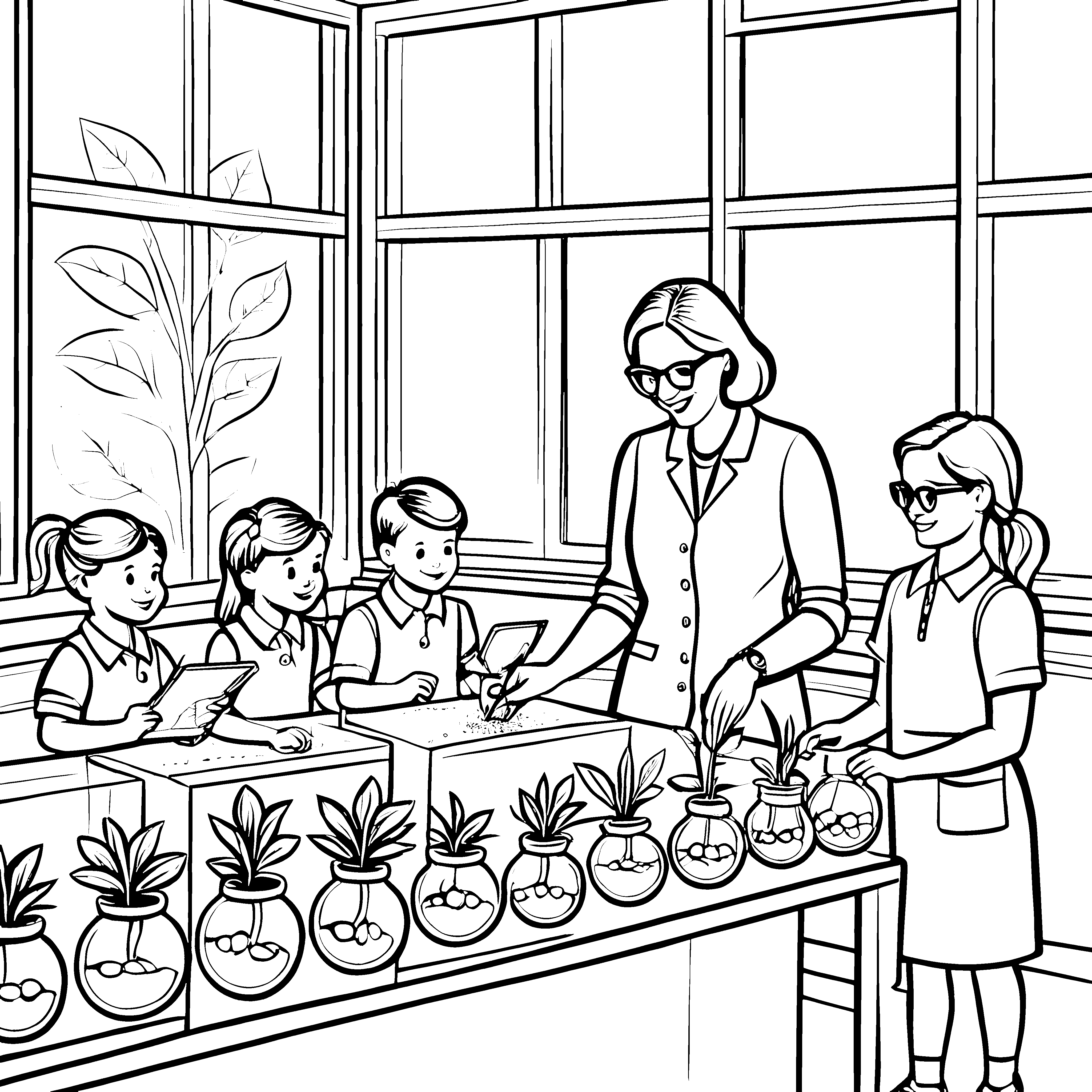 Inspirierende Lehrerinnen beim Pflanzenexperiment Ausmalvorlage für neugierige Entdecker