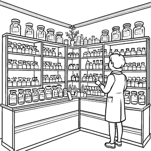 Fasziniert blickender Apotheker unter farbenfrohen Fläschchen Ausmalbild für neugierige Wissenschaftler