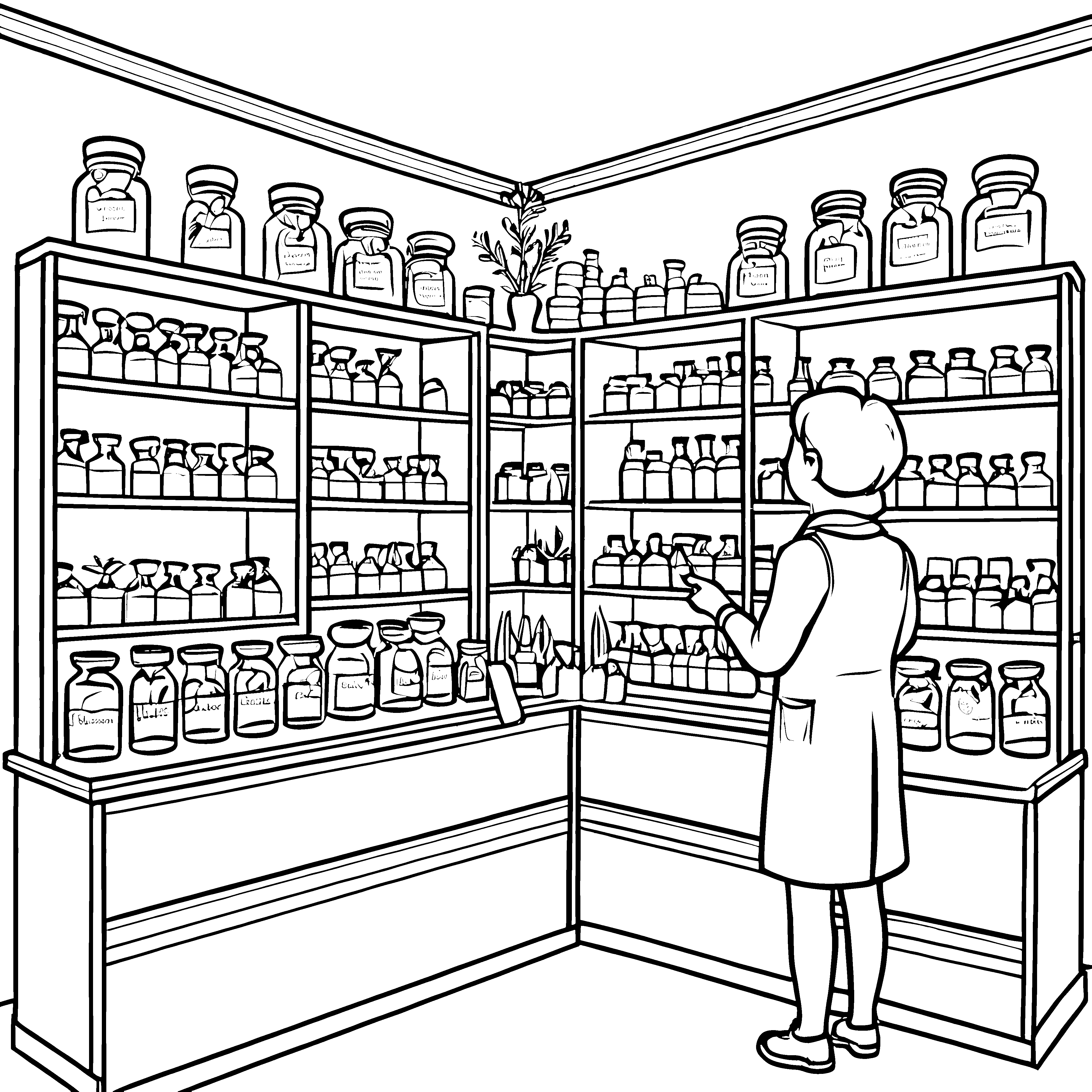 Fasziniert blickender Apotheker unter farbenfrohen Fläschchen Ausmalbild für neugierige Wissenschaftler