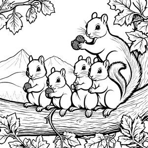 Vier fröhliche Eichhörnchen Babys mit Eicheln Malvorlage für kleine Entdecker