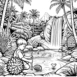 Kreativer Junge entdeckt die exotische Durian im Wasser Ausmalvorlage für kleine Entdecker