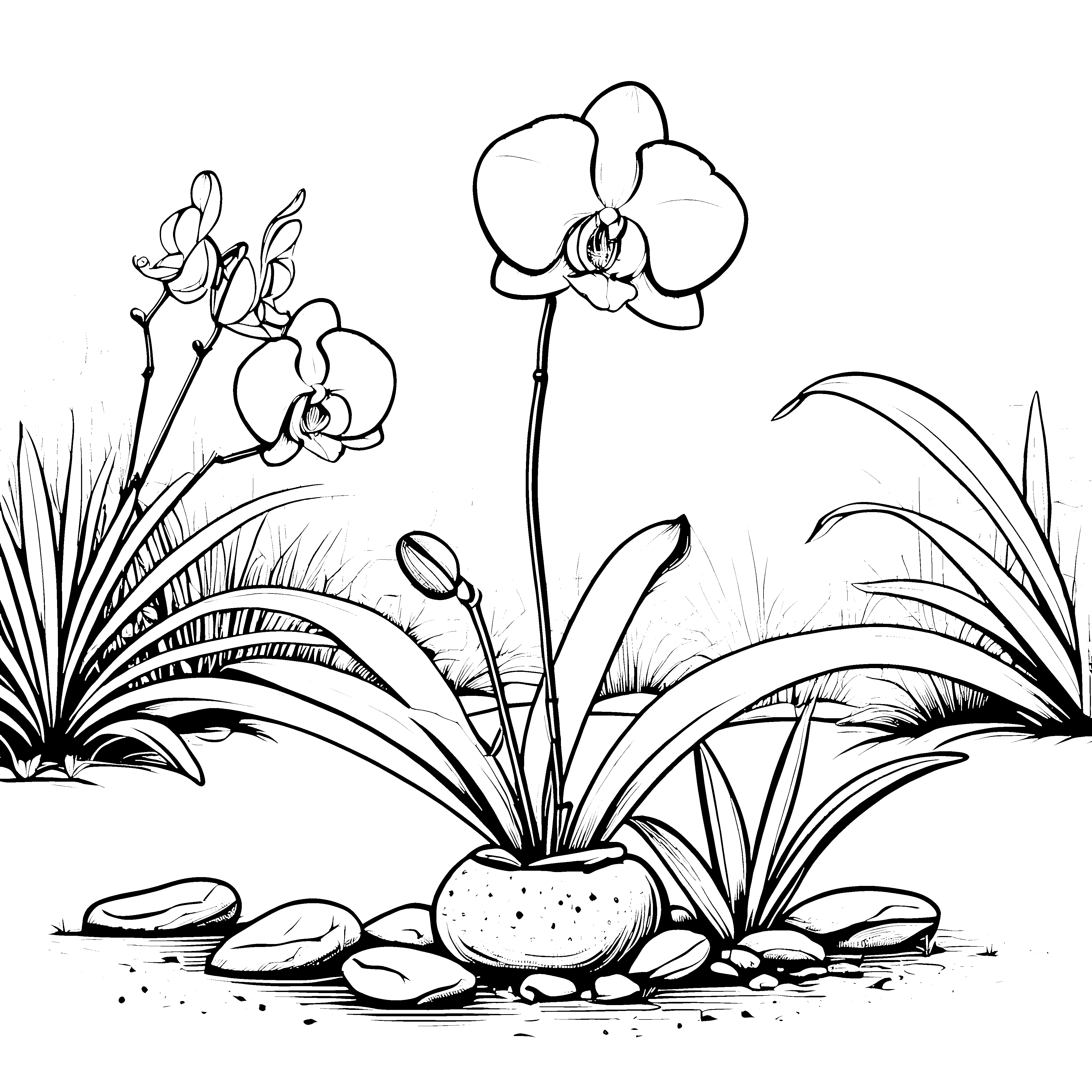 Wunderschöne Orchideen in malerischer Gartenszene Ausmalbild für neugierige Pflanzenfreunde