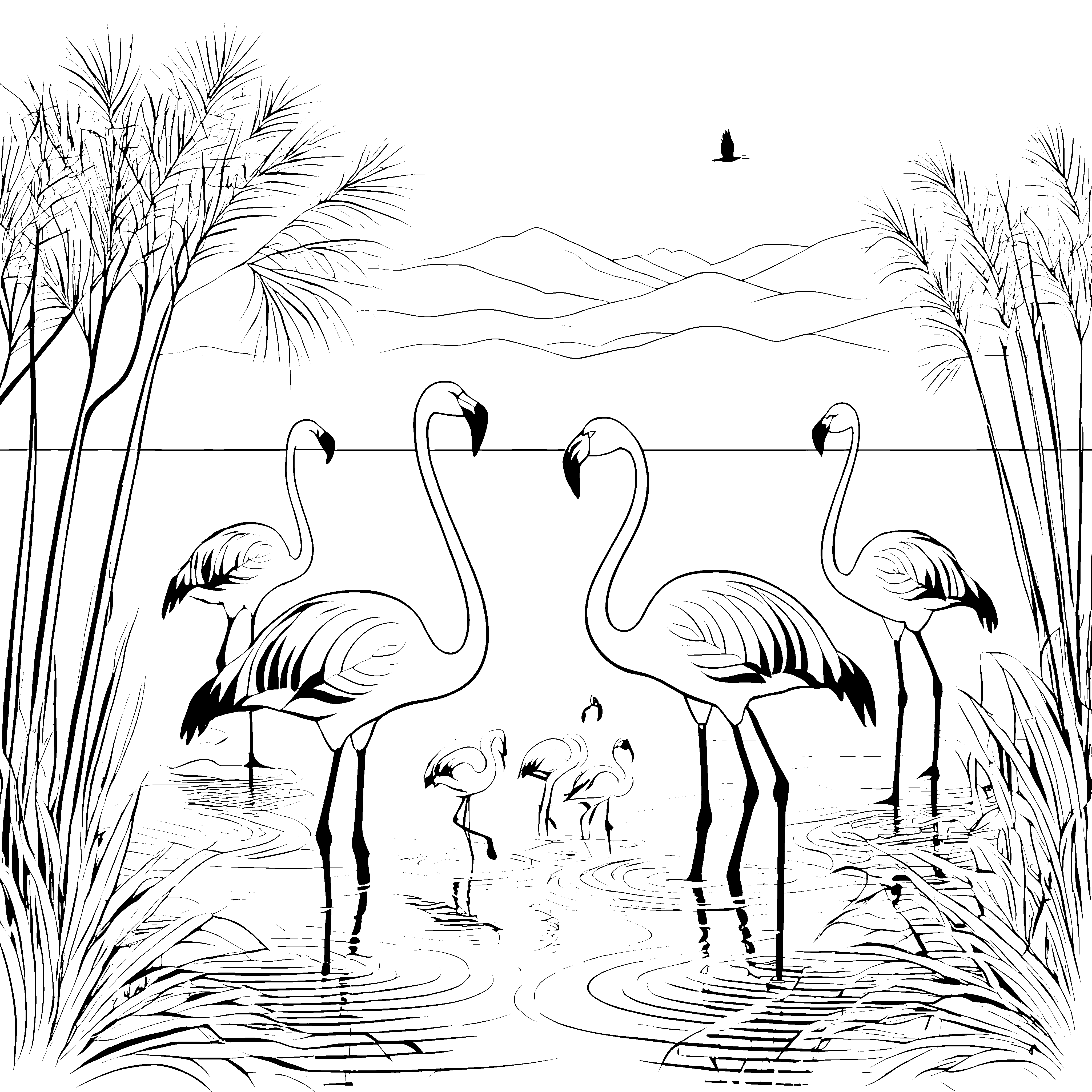 Fünf elegante Flamingos im erfrischenden Wasser Ausmalvorlage für kreative Wasservögel