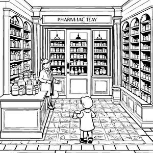 Bezaubernde Apotheke voller bunter Fläschchen Ausmalvorlage für neugierige kleine Entdecker