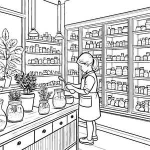 Heitere Apothekermädchen beim Kräutermischen Malvorlage für kleine Gesundheitsforscher