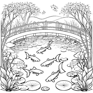 Verspielte Goldfische im idyllischen Teich Ausmalbild für junge Wasserfreunde