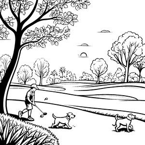 Abenteuerlicher Golfschlag mit fröhlichen Hunden Ausmalbild für aktive kleine Sportler