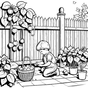 Kreative Ernte der Physalis im bunten Garten Ausmalvorlage für kleine Entdecker
