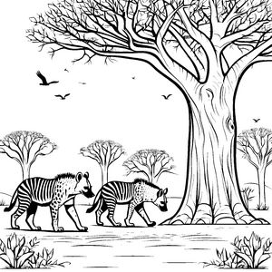 Zwei neugierige Hyänen unter einem großen Baum Ausmalmotivation für abenteuerliche Tierfreunde