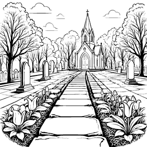 Friedlicher Weg zur alten Kirche Ausmalbild für nachdenkliche Künstler