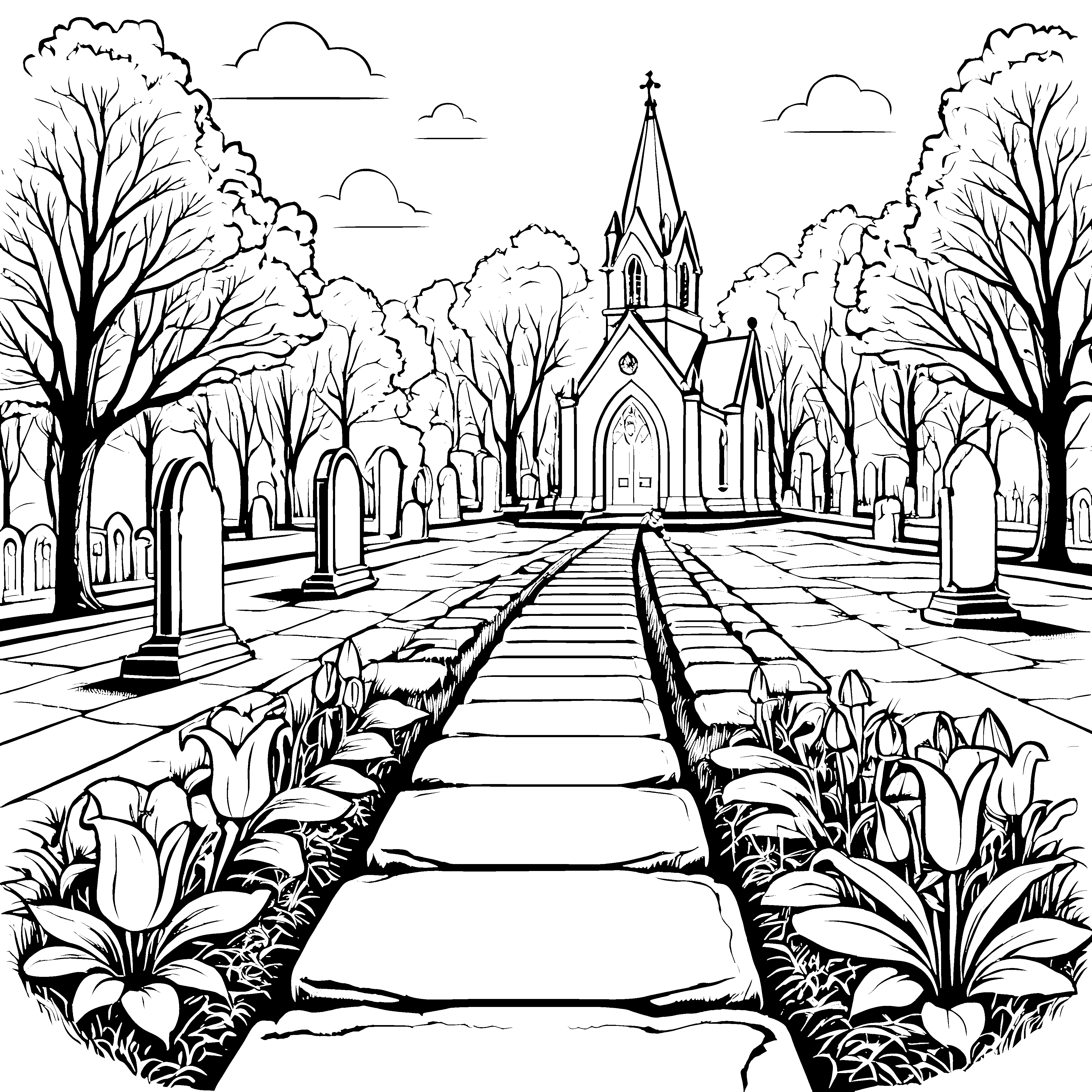 Friedlicher Weg zur alten Kirche Ausmalbild für nachdenkliche Künstler