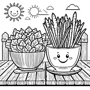 Fröhlicher Salat mit strahlender Sonne Ausmalbild für kleine Gartenfreunde