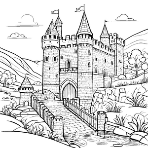 Majestätische Burg mit Zugbrücke Ausmalbild für neugierige Entdecker
