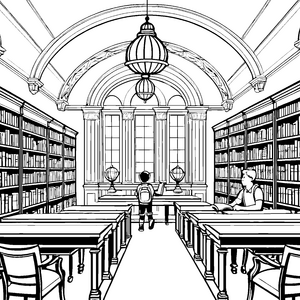 Entdeckungsreise in der spannenden Bibliothek Malvorlage für wissbegierige Leseratten
