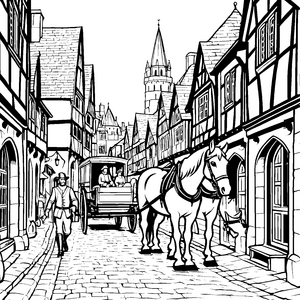Zweispännige Kutsche in malerischer Altstadt Ausmalbild für neugierige Geschichtsentdecker