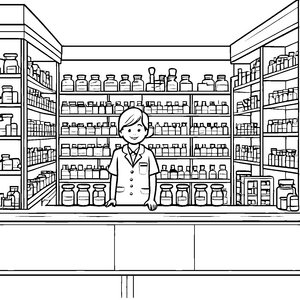 Freundliche Apothekerin im bunten Arzneimittelladen Ausmalvorlage für neugierige Gesundheitsforscher