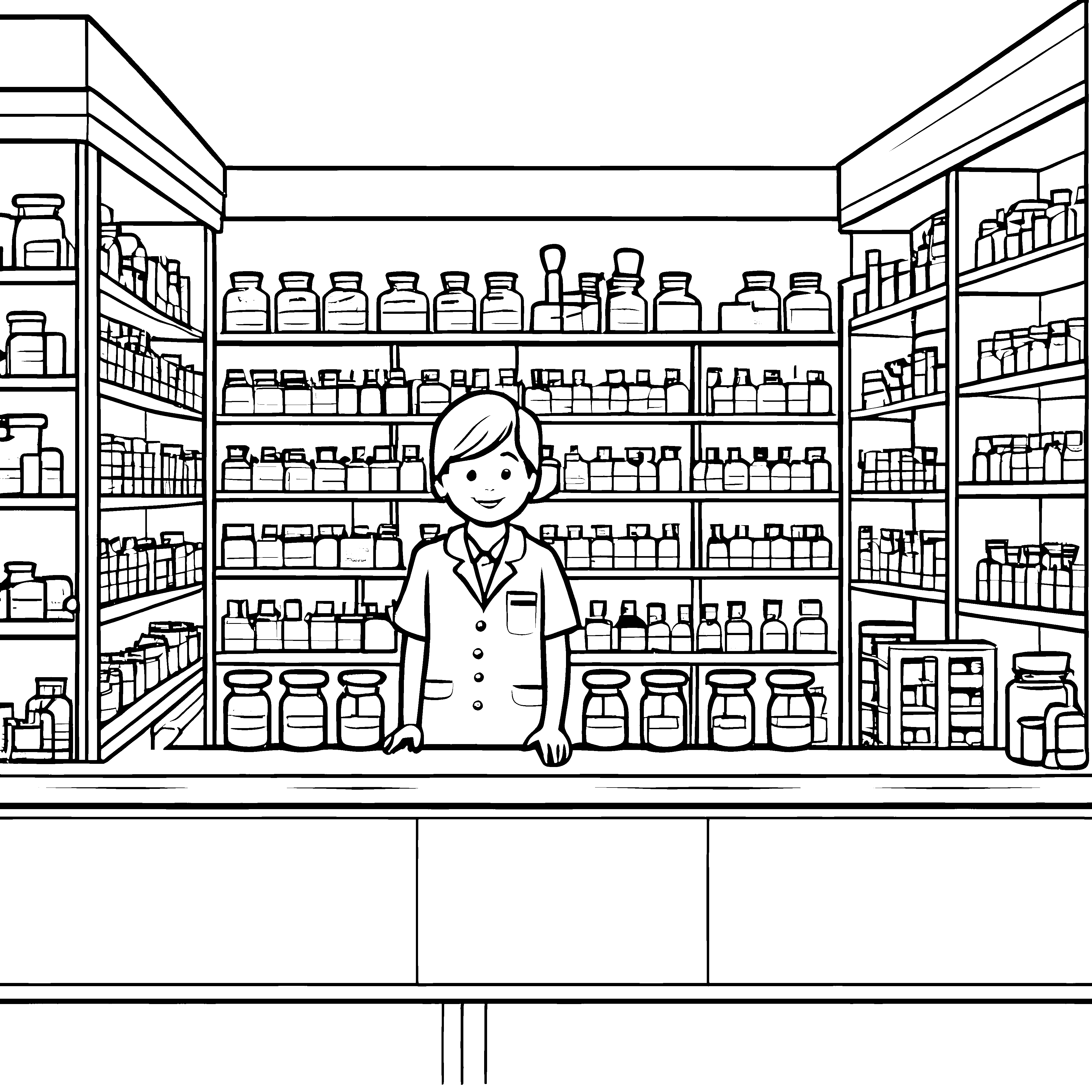 Freundliche Apothekerin im bunten Arzneimittelladen Ausmalvorlage für neugierige Gesundheitsforscher