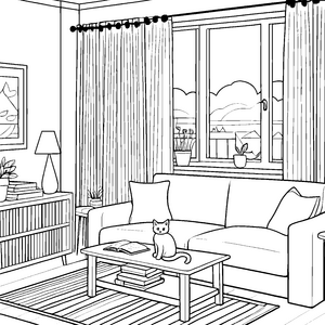 Gemütlicher Couchtisch mit neugieriger Katze Ausmalvorlage für schaffende Entdecker