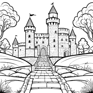 Majestätische Burg mit steiniger Zugbrücke Ausmalmotiv für kleine Abenteuerlustige