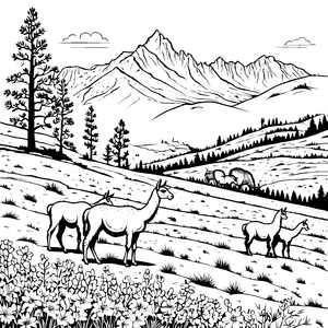 Lamas beim Genießen der blühenden Wiesen Ausmalmotiv für fleißige Entdecker