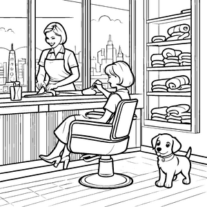 Frisuren-Traum mit fröhlichem Hund Ausmalbild für kreative Styling-Fans