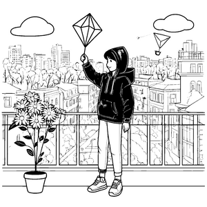 Kreativer Junge mit Luftballon auf dem Balkon Ausmalbild für fantasievolle Entdecker