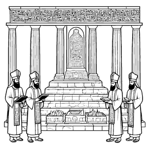 Geheimnisvoller Tempel mit Babylonischen Priestern Ausmalvorlage für wissbegierige Geschichtsentdecker