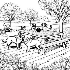Fünf verspielte Australian Shepherds am Picknicktisch Ausmalvorlage für tierliebende Entdecker