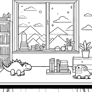 Dinosaurier und Spielzeugautos im bunten Kinderzimmer Ausmalvorlage für fröhliche kleine Künstler