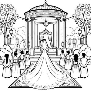Glanzvolles Hochzeitskleid vor romantischem Pavillon Ausmalbild für träumerische Künstler