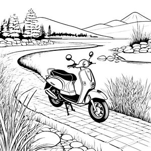 Bezauberndes Moped am glitzernden See Ausmalvorlage für abenteuerlustige kleine Entdecker