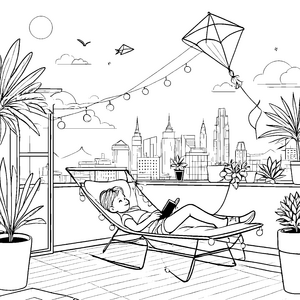 Gemütlicher Relaxsessel mit Aussicht über die Stadt Ausmalbild für entspannte Entdecker