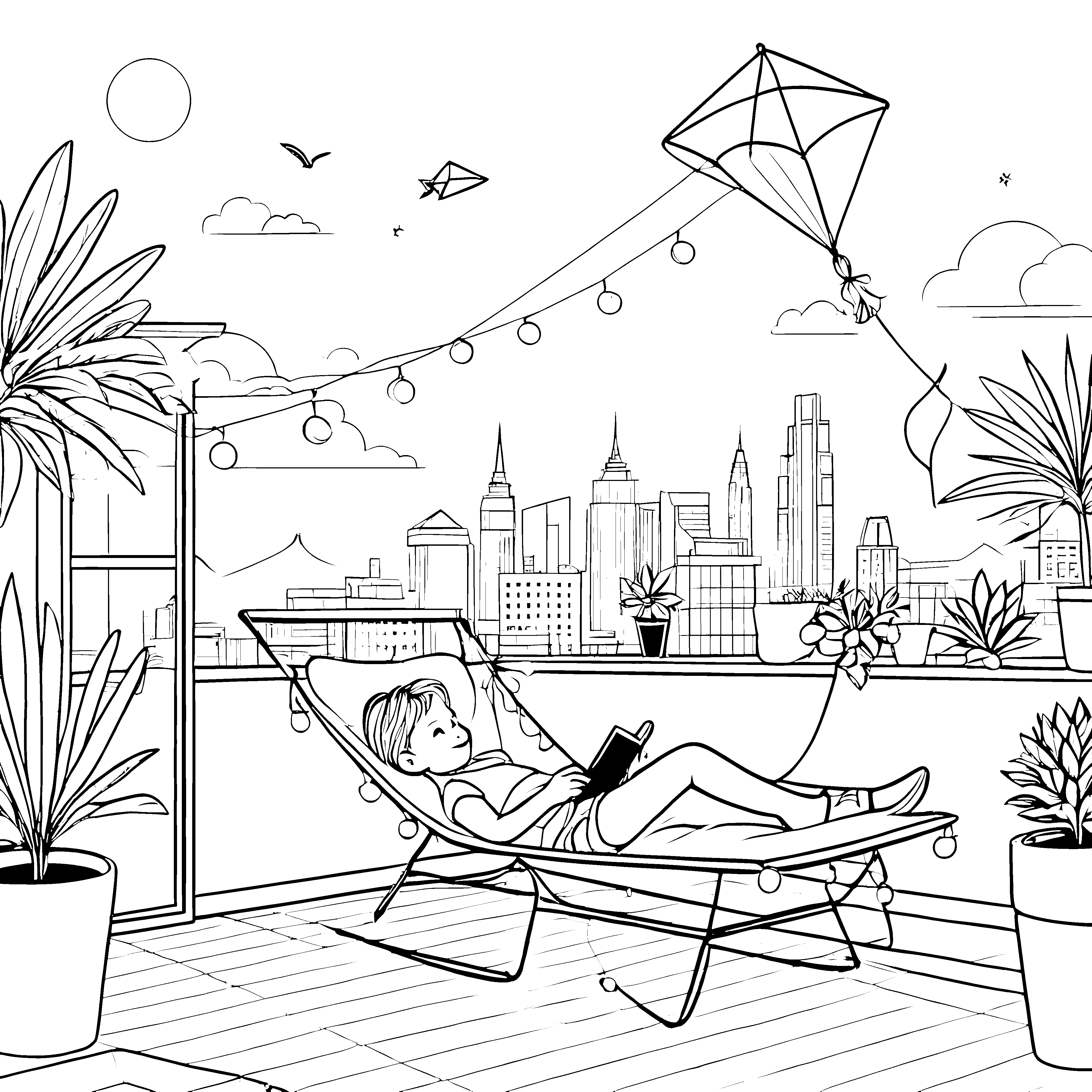 Gemütlicher Relaxsessel mit Aussicht über die Stadt Ausmalbild für entspannte Entdecker