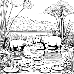 Nilpferde beim Plantschen im kühlen Wasser Ausmalvorlage für kleine Wasserratten
