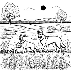Verspielte Schäferhunde im fröhlichen Blumenfeld Ausmalvorlage für neugierige Hundefreunde