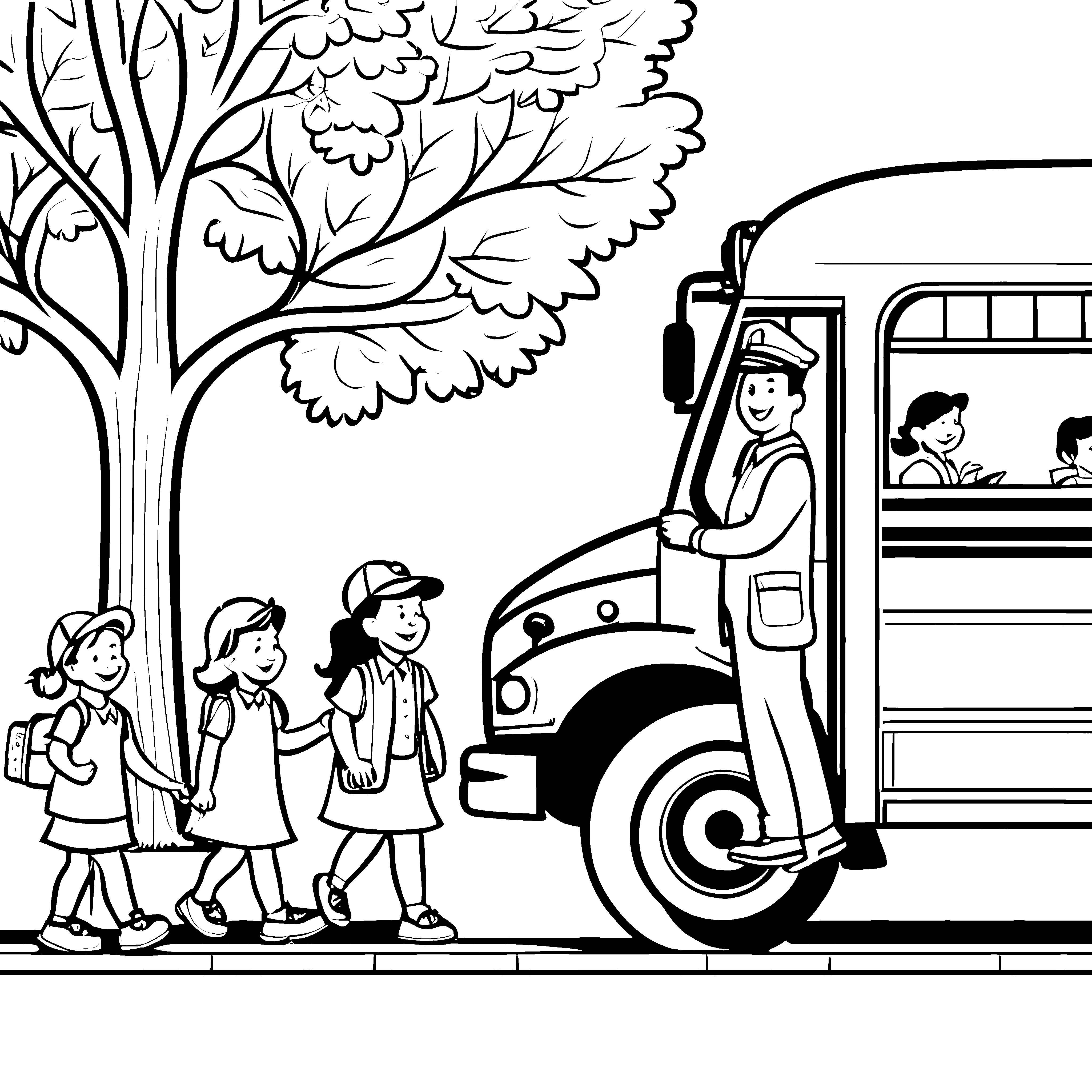 Lustiger Busfahrer mit fröhlichen Kindern Malvorlage für kleine Abenteurer