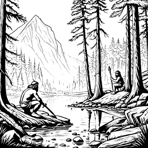 Neandertaler in der Wildnis beim Angeln Malvorlage für mutige Entdecker
